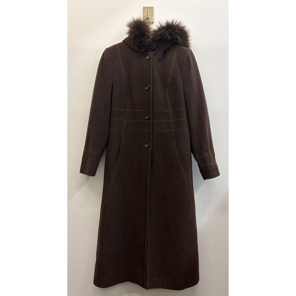 Vtg Worthington Long Wool Blended Coat Fox Fur Trim Hood Trench Luxury Soft